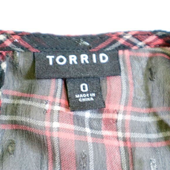Torrid Size 0 / L Chiffon Lurex Ruched Sleeve Blouse Plaid Red Black - Picture 9 of 10